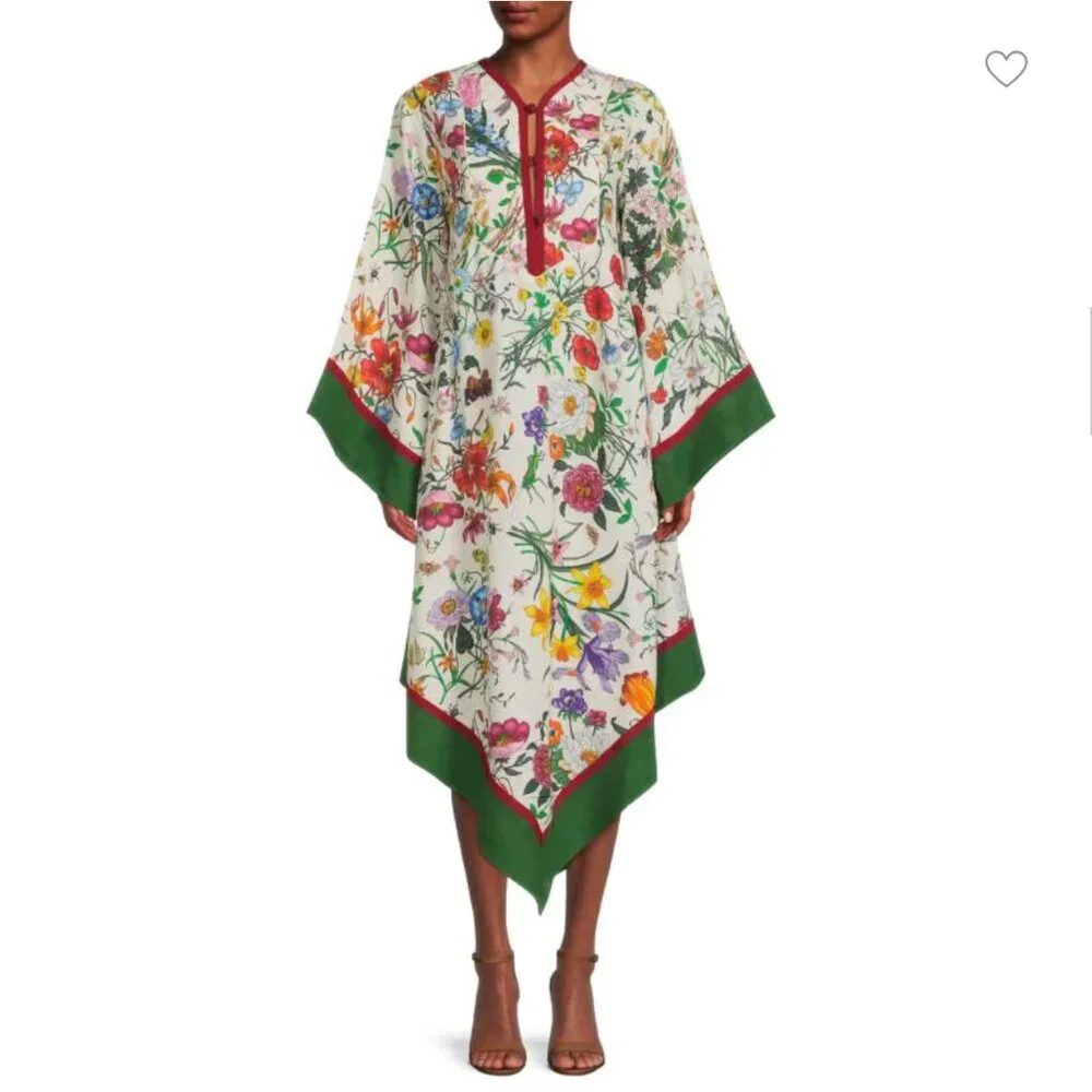 Authentic Gucci Ivory Grosgrain-trimmed paneled asymmetric floral Kaftan Dress